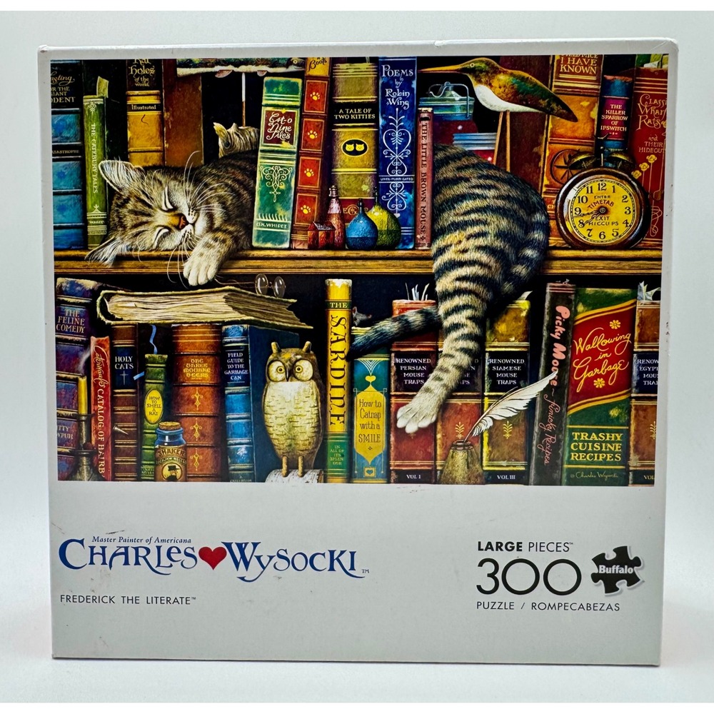 Buffalo Games Charles Wysocki Puzzle 300 Piece Frederick the Literate Cat Books